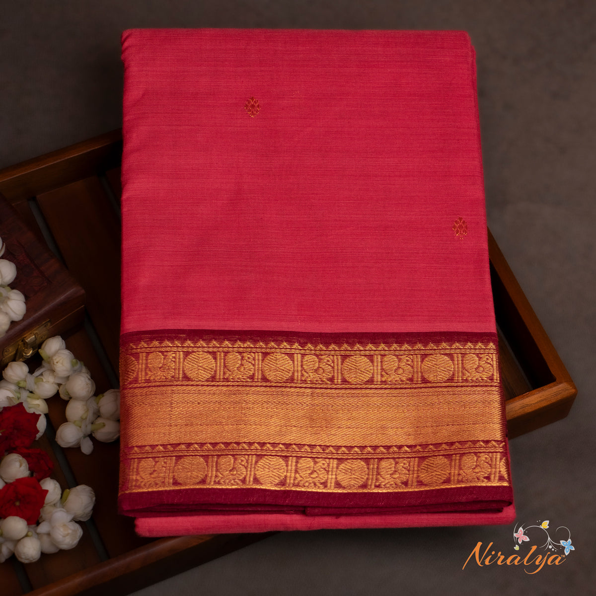 Chettinad Cotton Saree - Rose Pink with Antique Gold Jari Border