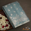 Silk-type Saree - Powder Blue with Silver Jari Border