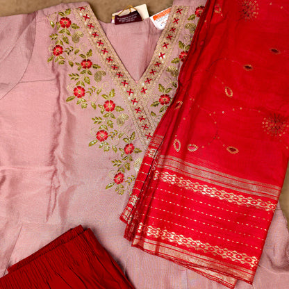 Kurti - 3 Piece Kurti Set - Dusty Rose Pink Embroidered