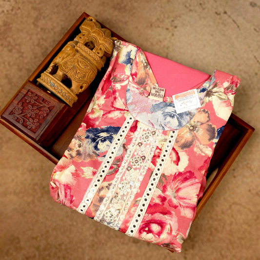 Kurti - Pink Floral Embroidered Kurti Set