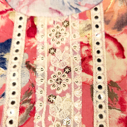 Kurti - Pink Floral Embroidered Kurti Set