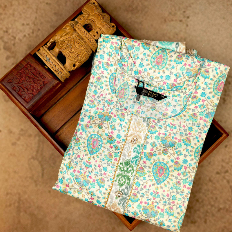 Kurti - 3 Piece Kurti Set - Ivory Floral Printed