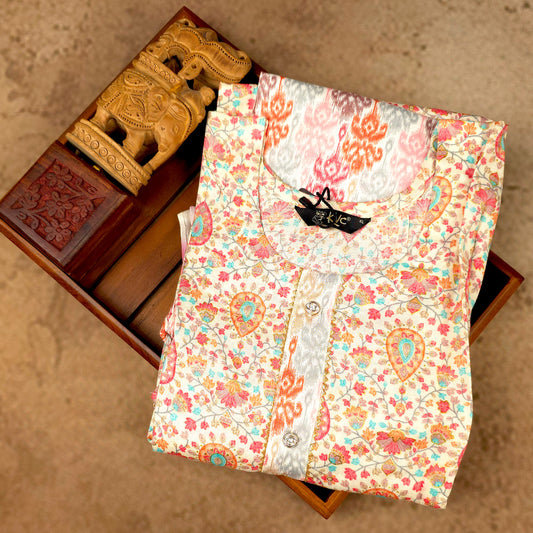 Kurti - 3 Piece Kurti Set - Ivory Floral Pink