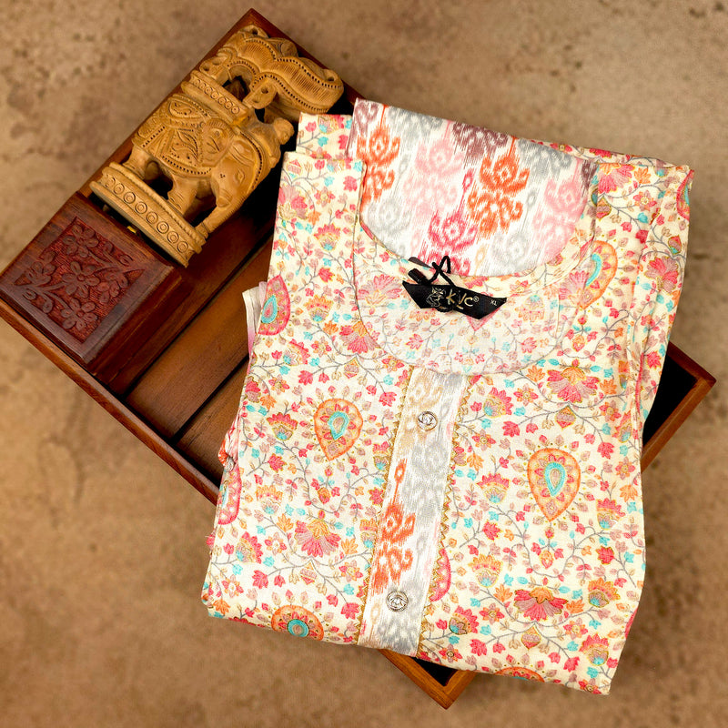 Kurti - 3 Piece Kurti Set - Ivory Floral Pink