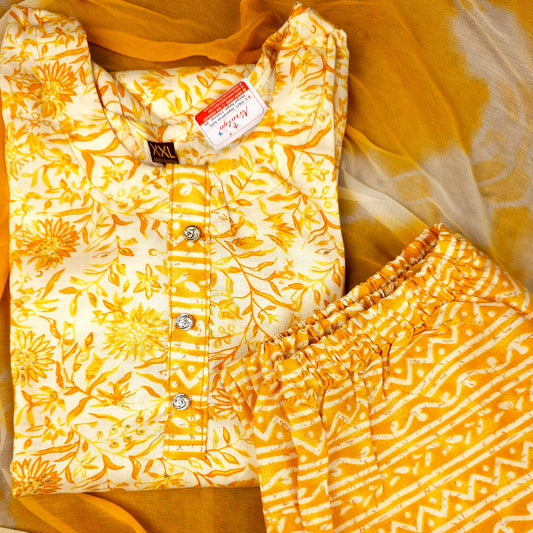 Kurti - 3 Piece Kurti Set - Yellow Floral Printed