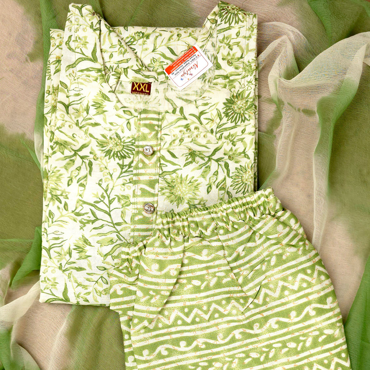 Kurti - 3 Piece Kurti Set - Green Floral Printed