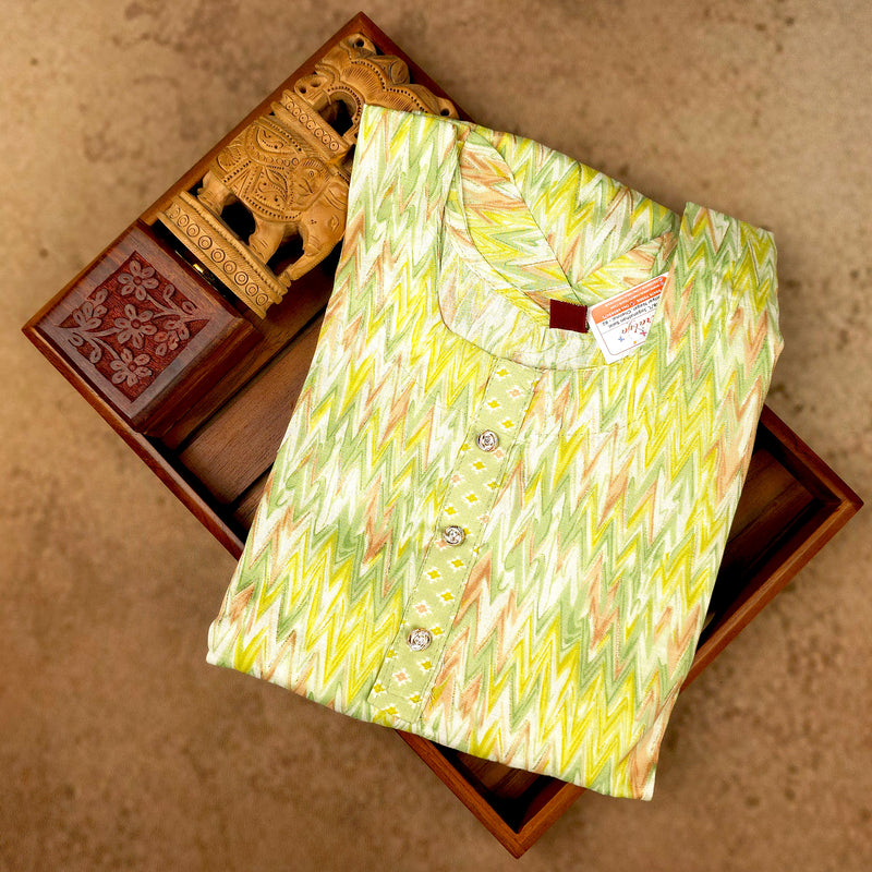 Kurti - 3 Piece Kurti Set - Green Zigzag Printed