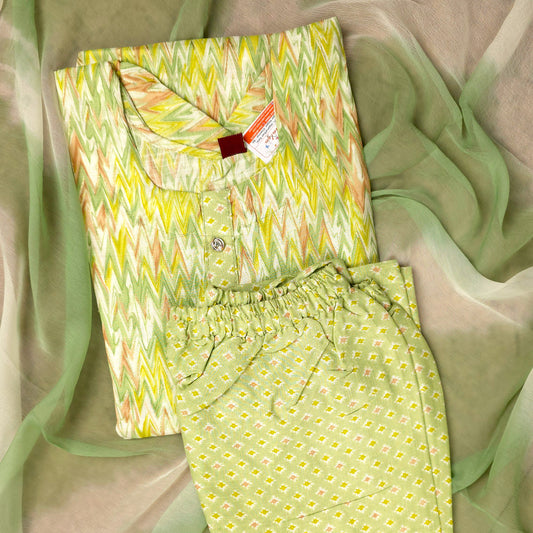 Kurti - 3 Piece Kurti Set - Green Zigzag Printed