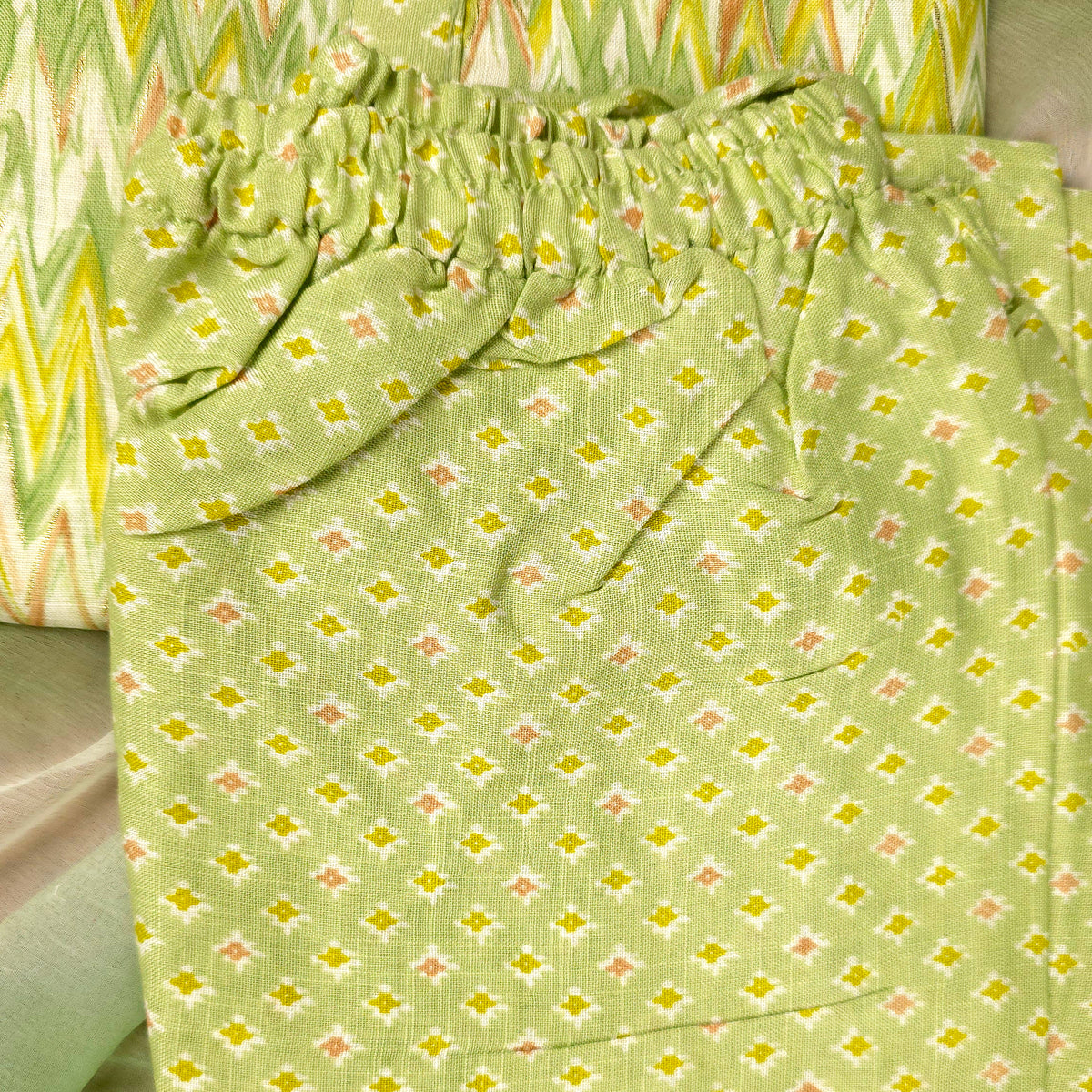 Kurti - 3 Piece Kurti Set - Green Zigzag Printed