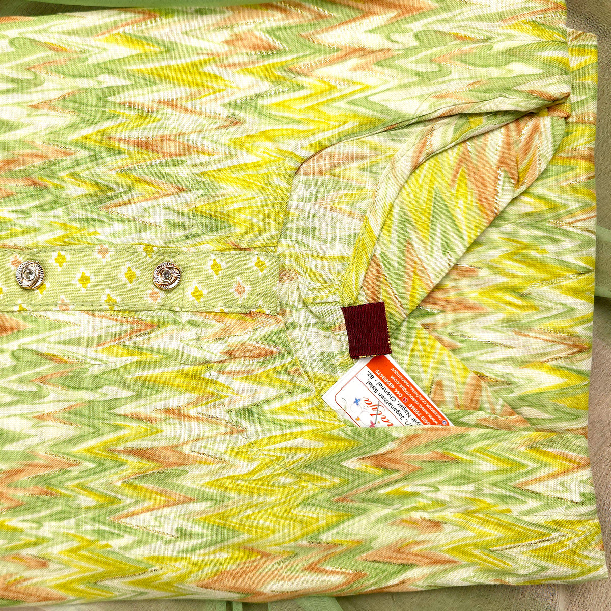 Kurti - 3 Piece Kurti Set - Green Zigzag Printed
