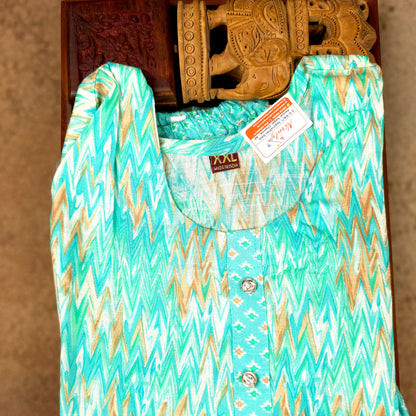 Kurti - 3 Piece Kurti Set - Turquoise Zigzag Printed