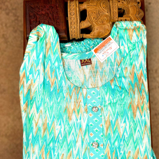 Kurti - 3 Piece Kurti Set - Turquoise Zigzag Printed