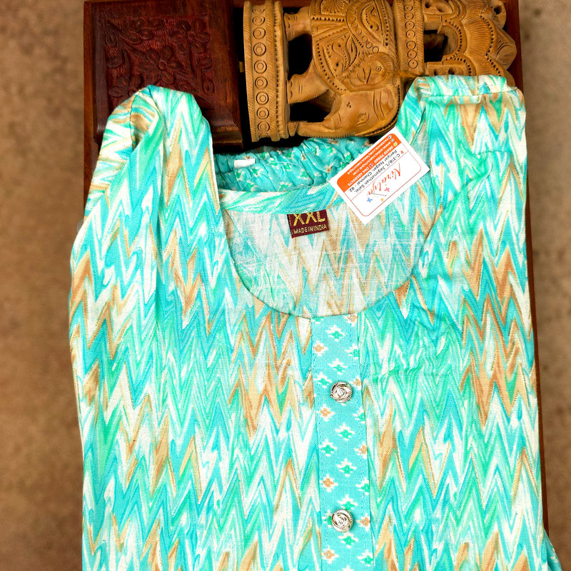 Kurti - 3 Piece Kurti Set - Turquoise Zigzag Printed