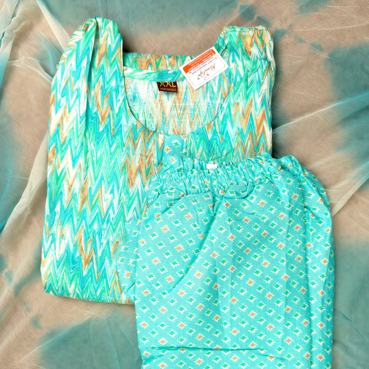 Kurti - 3 Piece Kurti Set - Turquoise Zigzag Printed