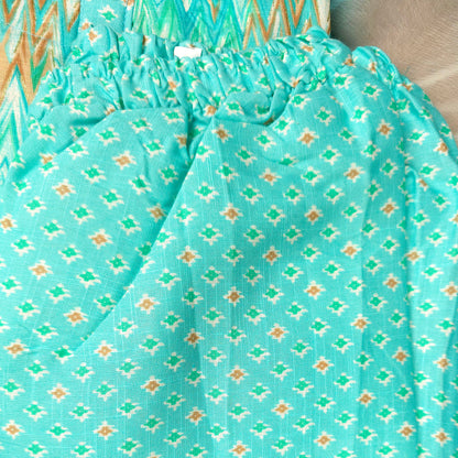 Kurti - 3 Piece Kurti Set - Turquoise Zigzag Printed