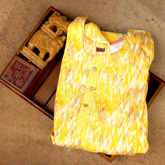 Kurti - 3 Piece Kurti Set - Yellow Zigzag Printed