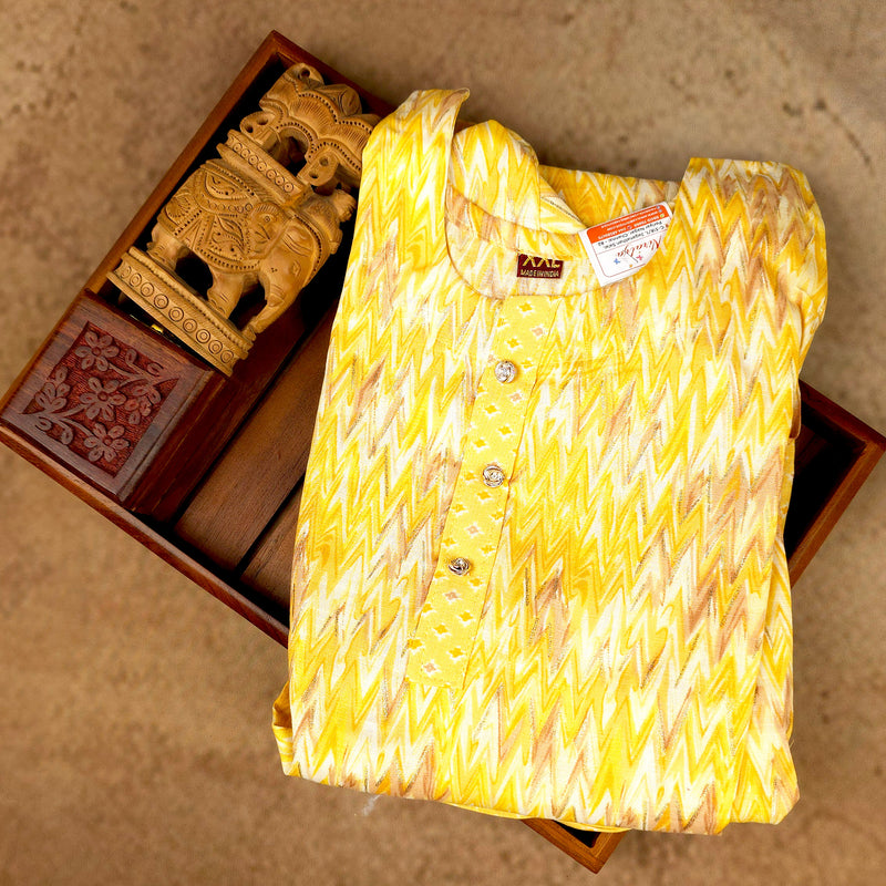 Kurti - 3 Piece Kurti Set - Yellow Zigzag Printed
