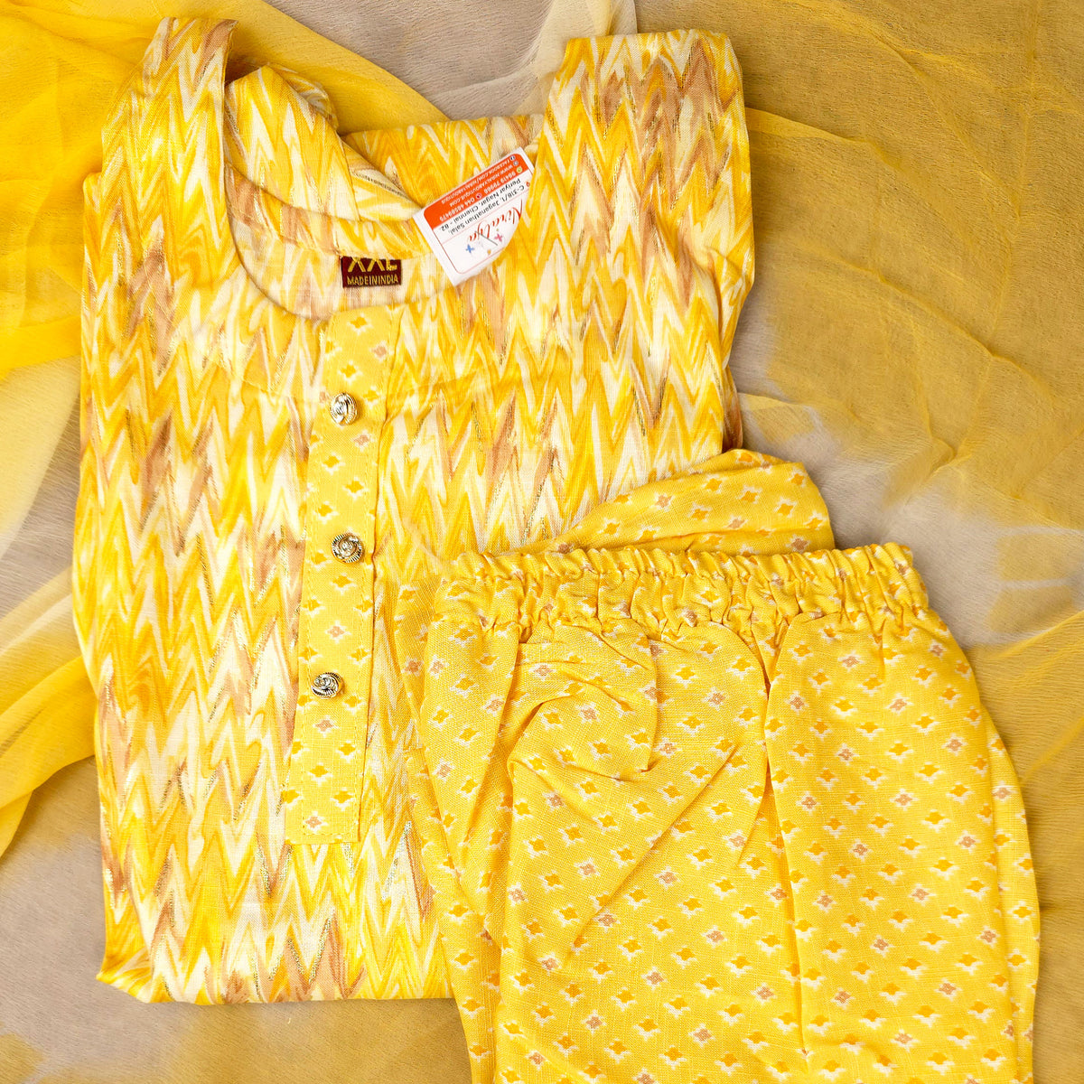 Kurti - 3 Piece Kurti Set - Yellow Zigzag Printed