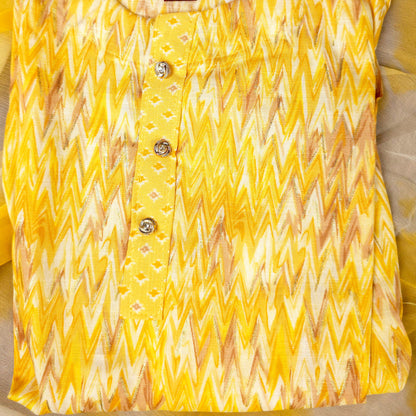Kurti - 3 Piece Kurti Set - Yellow Zigzag Printed