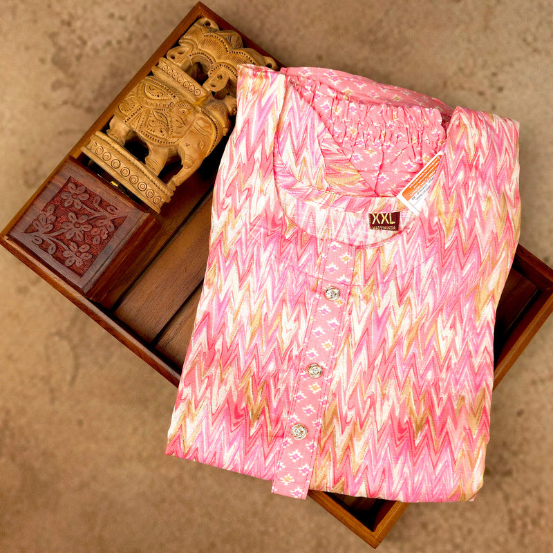 Kurti - 3 Piece Kurti Set - Pink Zigzag Printed