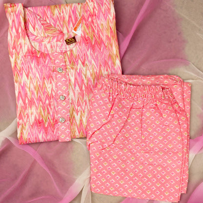 Kurti - 3 Piece Kurti Set - Pink Zigzag Printed