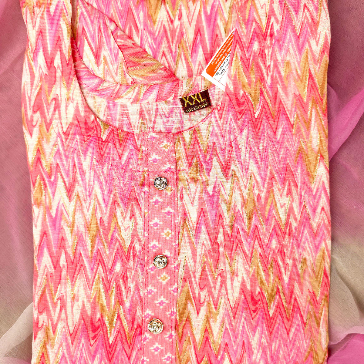 Kurti - 3 Piece Kurti Set - Pink Zigzag Printed