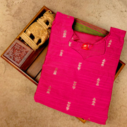 Kurti - 3 Piece Kurti Set - Fuchsia Pink Raw Silk