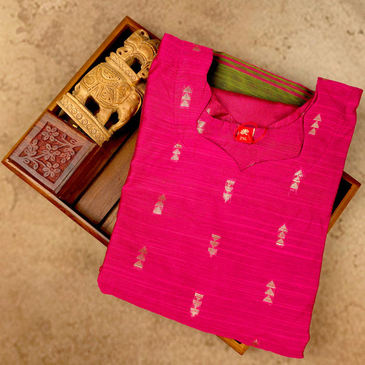 Kurti - 3 Piece Kurti Set - Fuchsia Pink Raw Silk