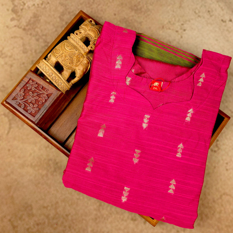 Kurti - 3 Piece Kurti Set - Fuchsia Pink Raw Silk