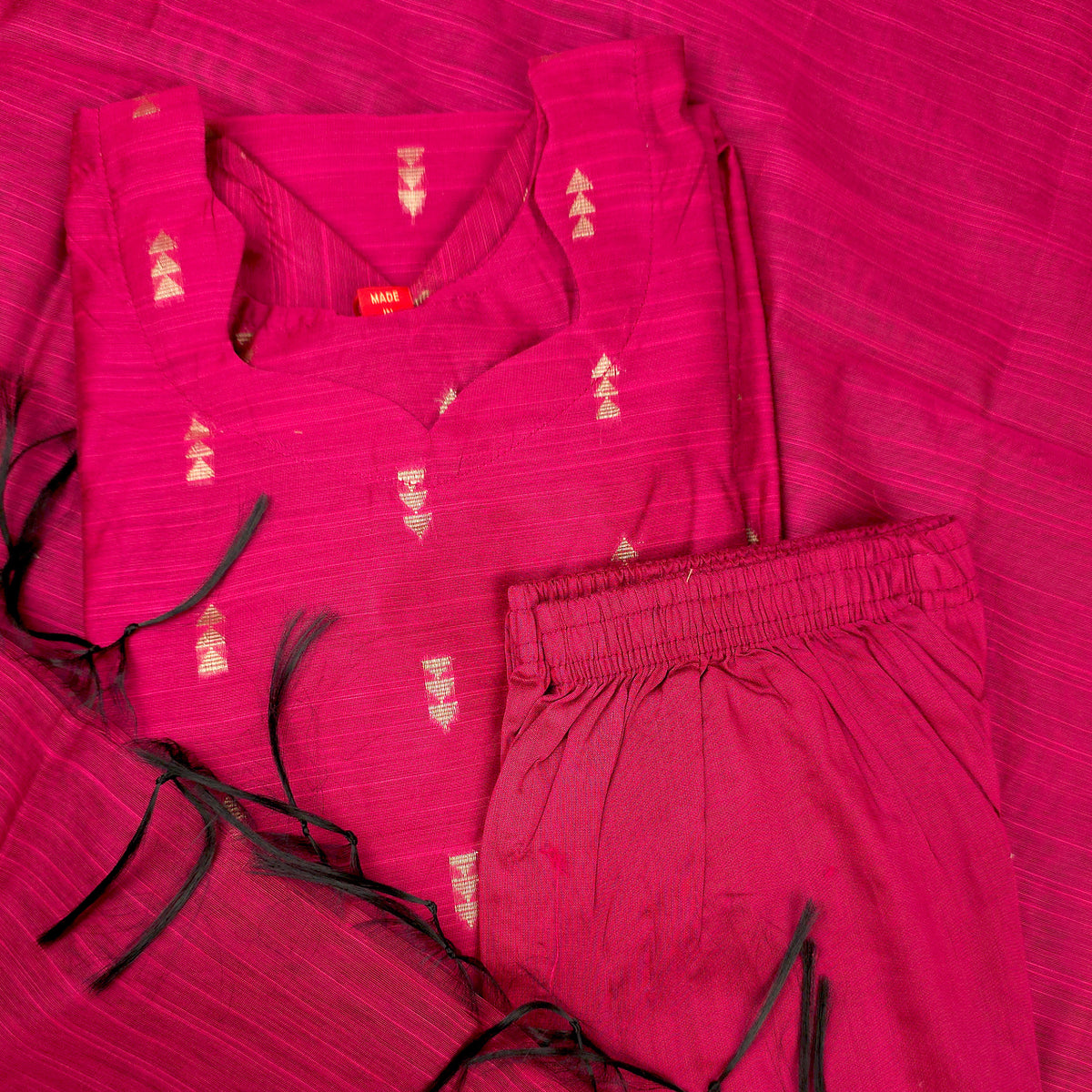 Kurti - 3 Piece Kurti Set - Fuchsia Pink Raw Silk