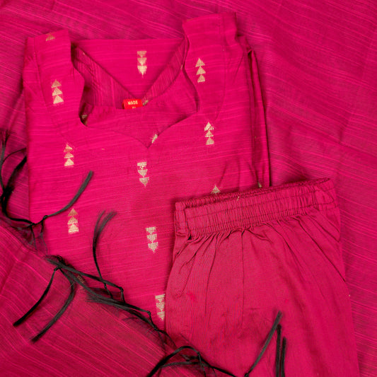 Kurti - 3 Piece Kurti Set - Fuchsia Pink Raw Silk