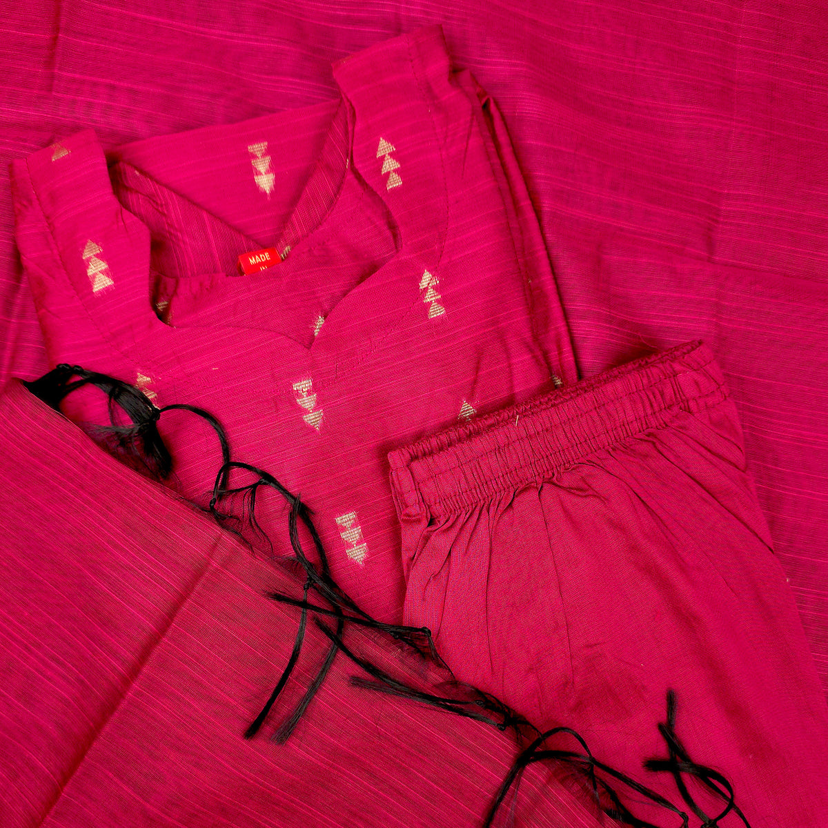 Kurti - 3 Piece Kurti Set - Fuchsia Pink Raw Silk