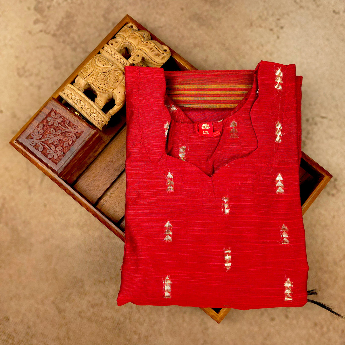 Kurti - 3 Piece Kurti Set - Red Raw Silk