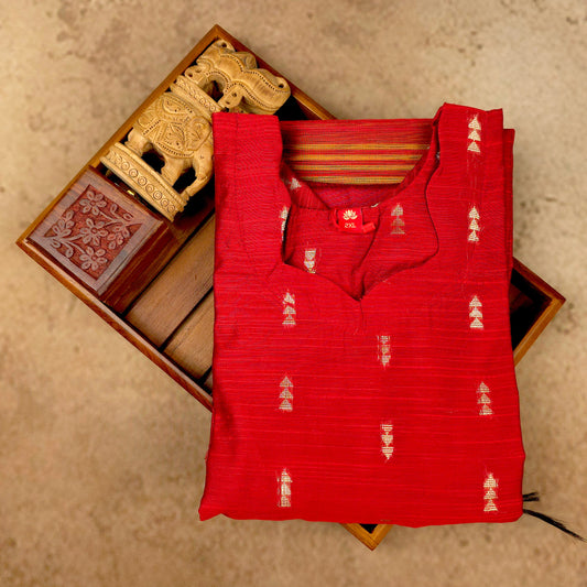 Kurti - 3 Piece Kurti Set - Red Raw Silk