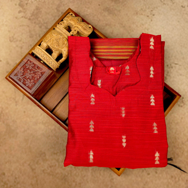 Kurti - 3 Piece Kurti Set - Red Raw Silk