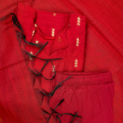 Kurti - 3 Piece Kurti Set - Red Raw Silk