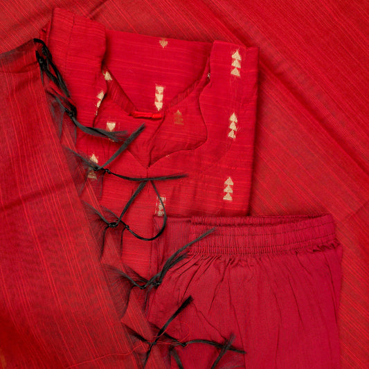 Kurti - 3 Piece Kurti Set - Red Raw Silk