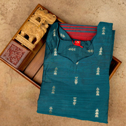 Kurti - 3 Piece Kurti Set - Teal Blue Raw Silk