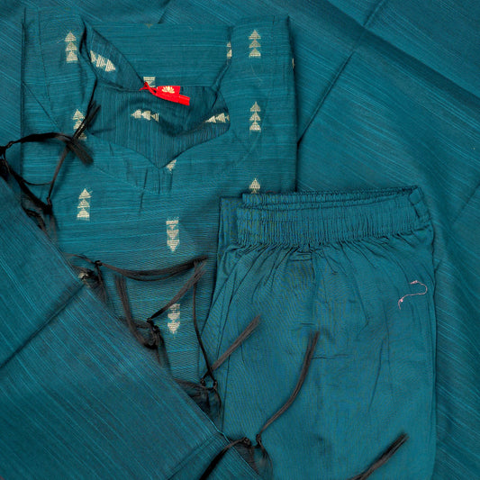 Kurti - 3 Piece Kurti Set - Teal Blue Raw Silk