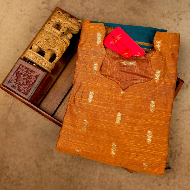 Kurti - 3 Piece Kurti Set - Rust Orange Raw Silk