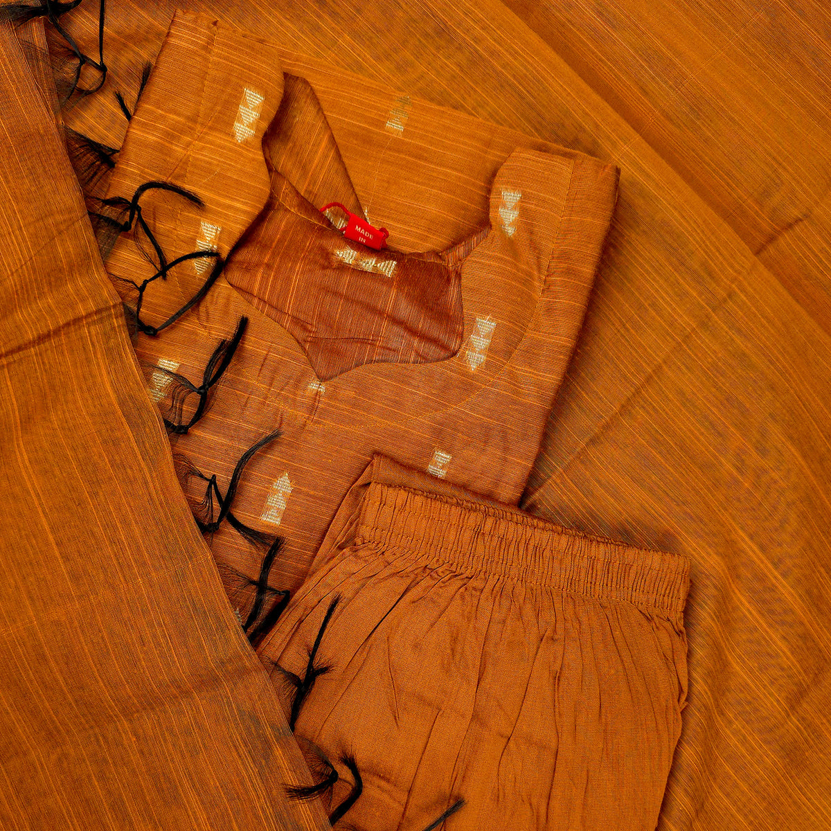 Kurti - 3 Piece Kurti Set - Rust Orange Raw Silk
