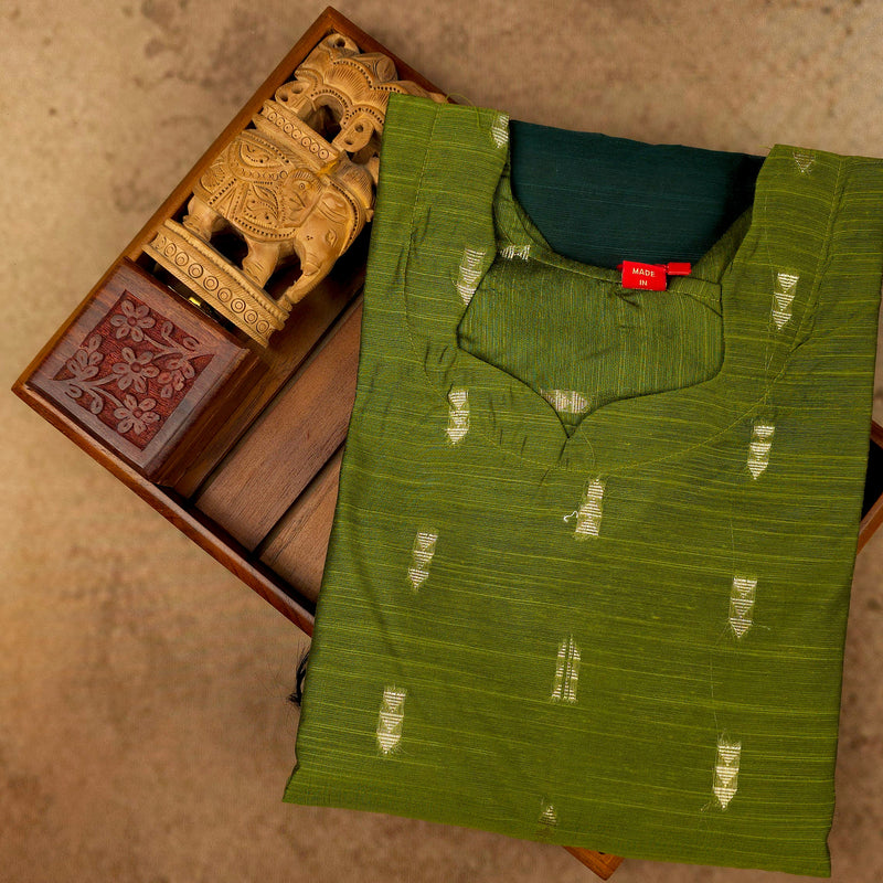 Kurti - 3 Piece Kurti Set - Olive Green Raw Silk