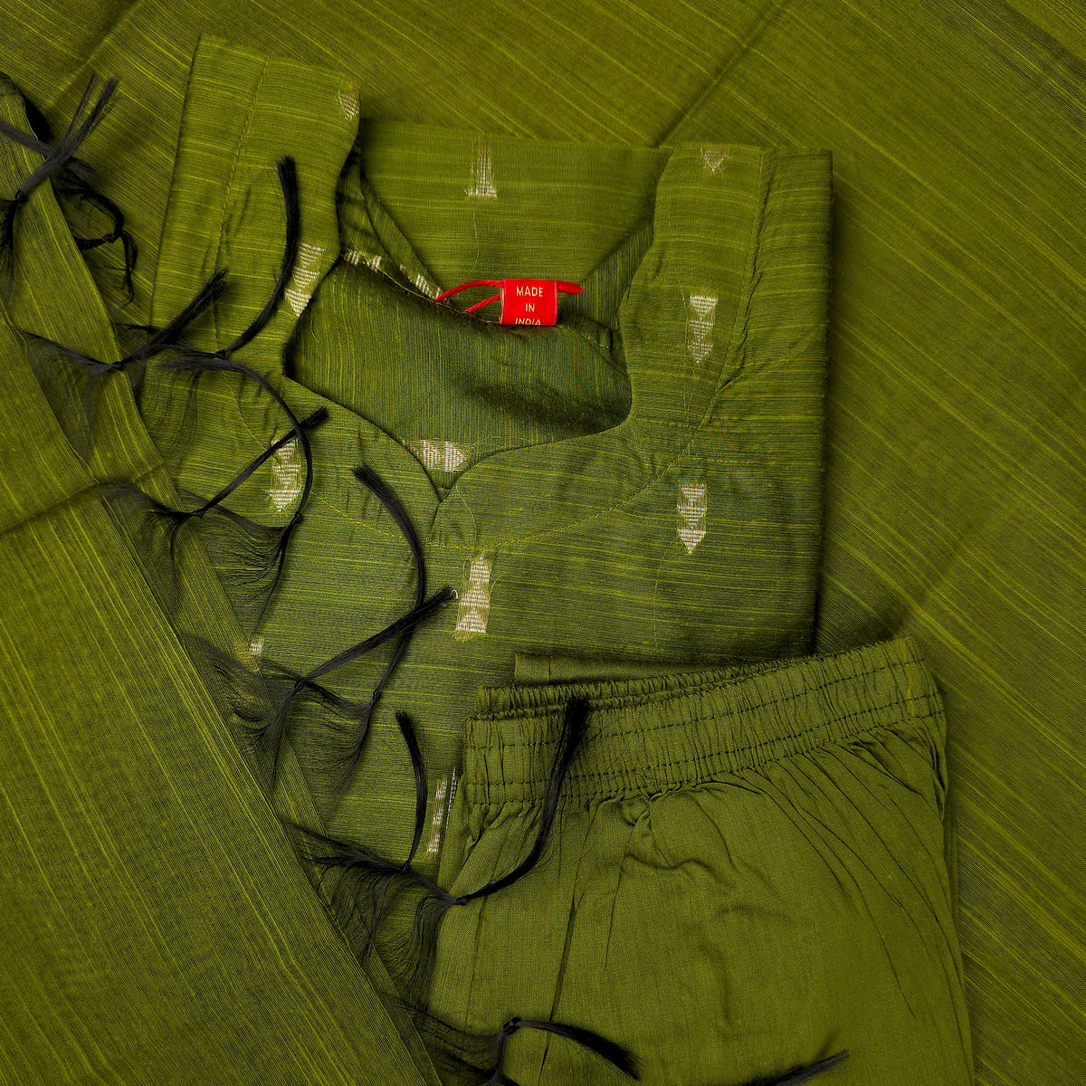 Kurti - 3 Piece Kurti Set - Olive Green Raw Silk
