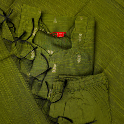 Kurti - 3 Piece Kurti Set - Olive Green Raw Silk