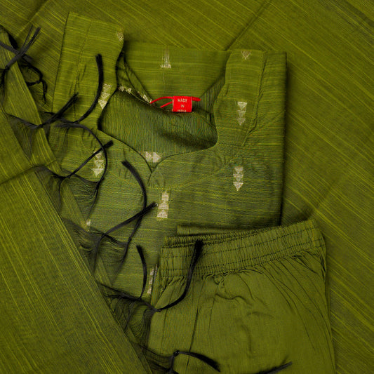 Kurti - 3 Piece Kurti Set - Olive Green Raw Silk