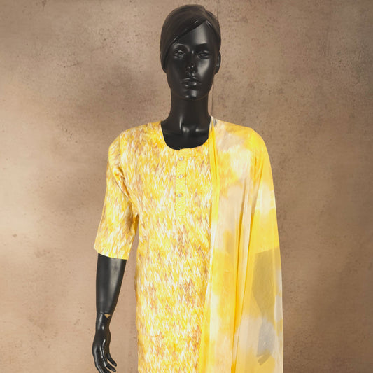 Kurti - 3 Piece Kurti Set - Yellow Zigzag Printed