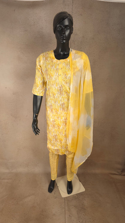 Kurti - 3 Piece Kurti Set - Yellow Zigzag Printed