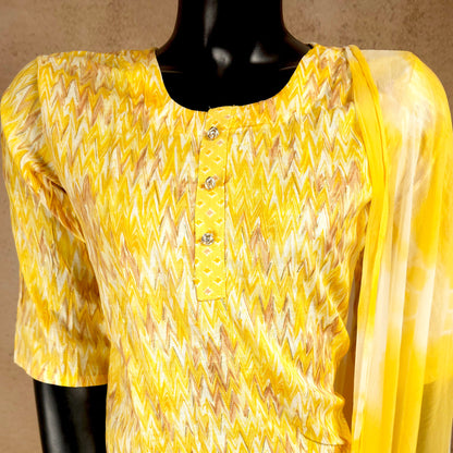 Kurti - 3 Piece Kurti Set - Yellow Zigzag Printed