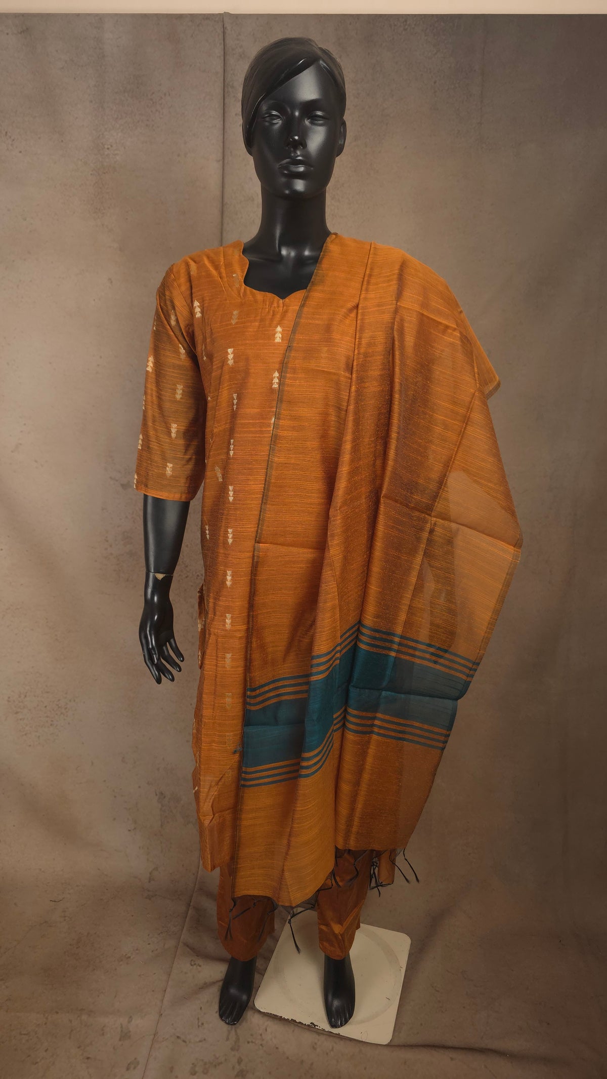 Kurti - 3 Piece Kurti Set - Rust Orange Raw Silk