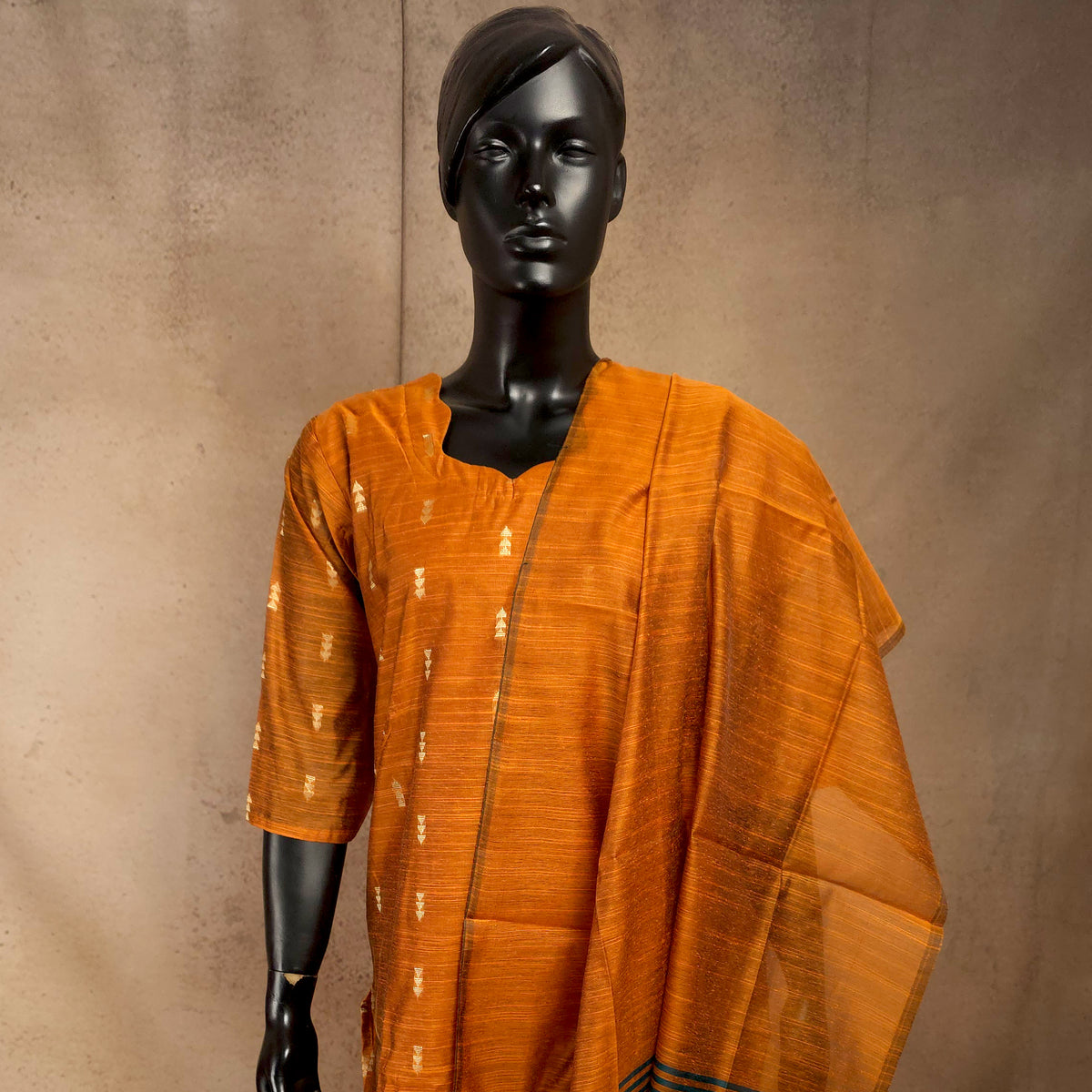 Kurti - 3 Piece Kurti Set - Rust Orange Raw Silk